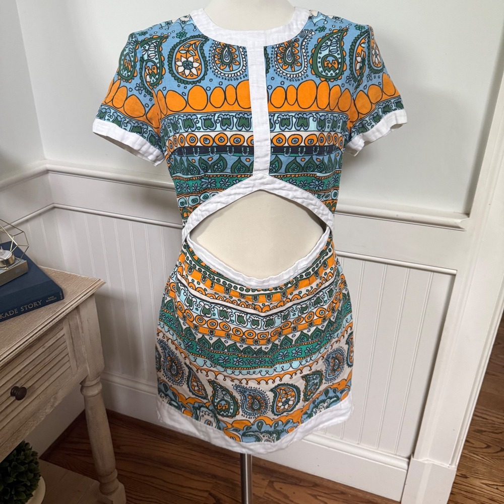 STAUD Multicolor Ibiza Paisley Mini Perla Dress Size Linen Cutout Blue Orange 10